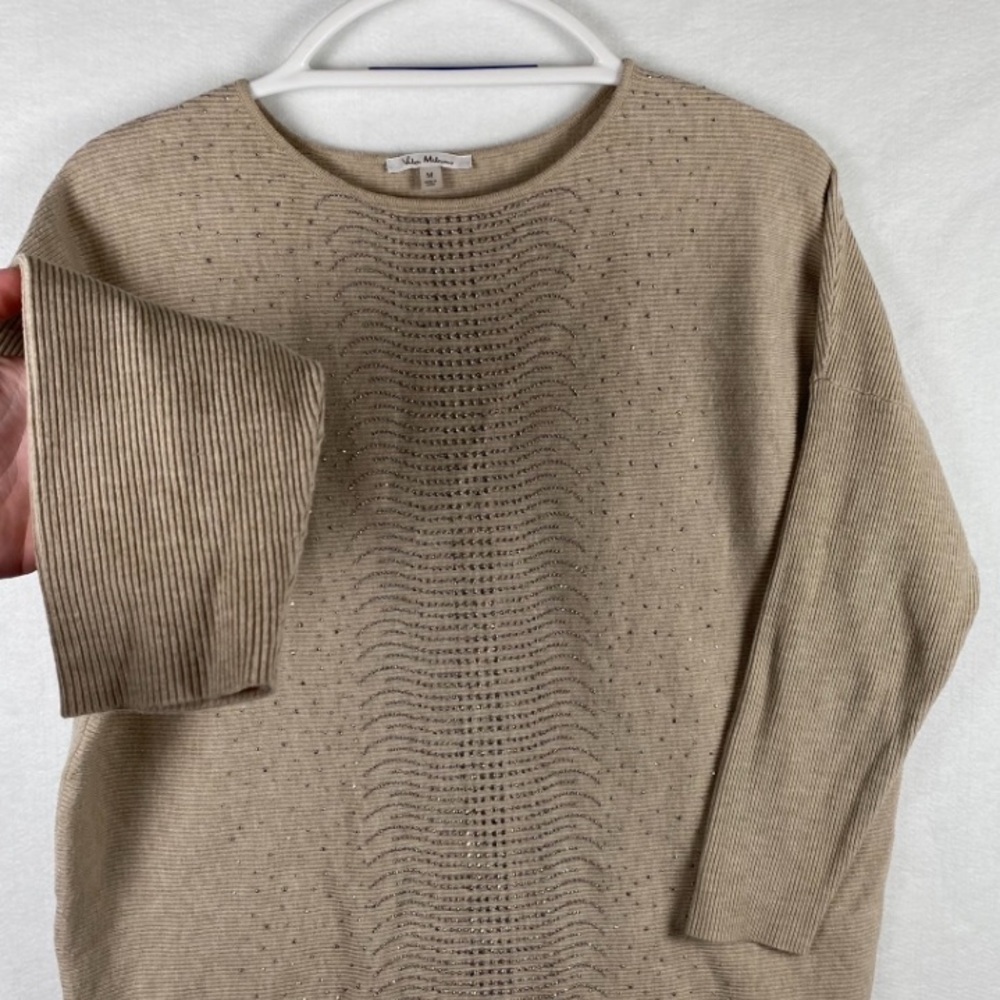 ๐บ 3/$25 ๐บ Vila Milano | Beige Rhinestone 3/4 Sleeve Ribbed Sweater | Womens Sz M - Picture 5 of 9